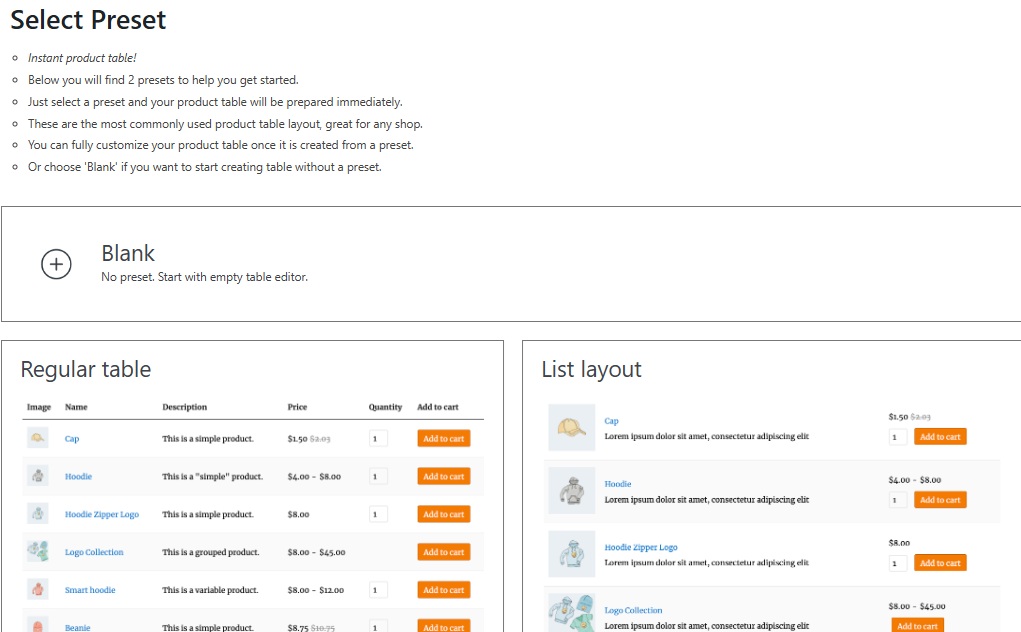 PRODUCT TABLE PLUGINS